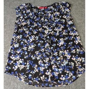 Elle V Neck Blouse Cap Sleeve Ruffle Neckline and Front Floral Blue EUC
